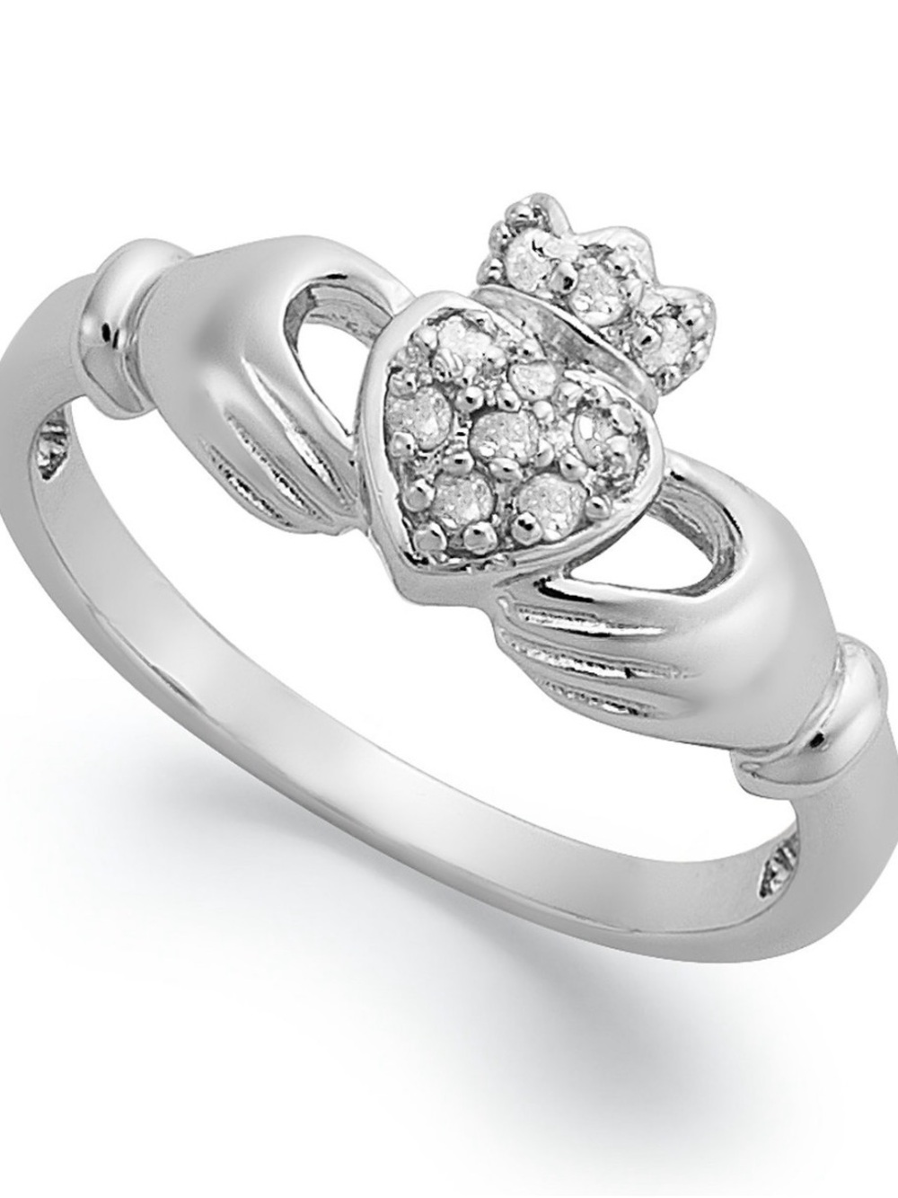 Diamond Sterling Silver Claddagh Ring with Heart Accent - White